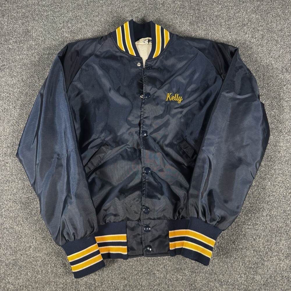 Vintage Gull Lake Michigan Navy Blue Satin Bomber Jacket S 70s 80s Varsity